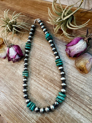 NFR Collection Necklace – 12mm Sterling Silver Pearls with 16mm Green Turquoise Rondelle – Handmade by The Bijoux FAB – 21.5" - Cowboy SwaggerNFR Collection Necklace – 12mm Sterling Silver Pearls with 16mm Green Turquoise Rondelle – Handmade by The Bijoux FAB – 21.5"Necklaces