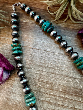 NFR Collection Necklace – 12mm Sterling Silver Pearls with 16mm Green Turquoise Rondelle – Handmade by The Bijoux FAB – 21.5" - Cowboy SwaggerNFR Collection Necklace – 12mm Sterling Silver Pearls with 16mm Green Turquoise Rondelle – Handmade by The Bijoux FAB – 21.5"Necklaces
