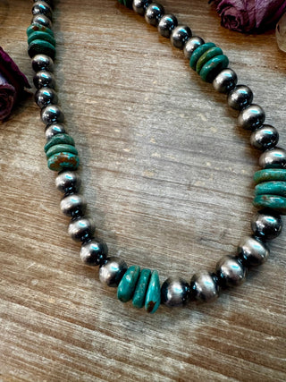 NFR Collection Necklace – 12mm Sterling Silver Pearls with 16mm Green Turquoise Rondelle – Handmade by The Bijoux FAB – 21.5" - Cowboy SwaggerNFR Collection Necklace – 12mm Sterling Silver Pearls with 16mm Green Turquoise Rondelle – Handmade by The Bijoux FAB – 21.5"Necklaces