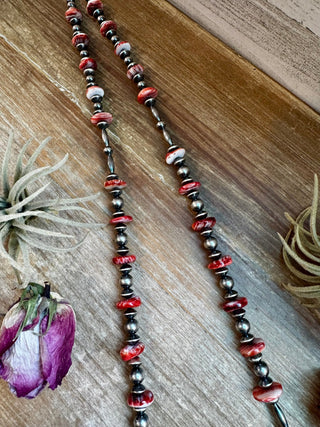 NFR Collection Necklace – Sterling Silver Torpedo Pearls with Red Spiny Oyster – Handmade by The Bijoux FAB – 39" - Cowboy SwaggerNFR Collection Necklace – Sterling Silver Torpedo Pearls with Red Spiny Oyster – Handmade by The Bijoux FAB – 39"Necklaces
