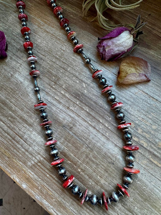 NFR Collection Necklace – Sterling Silver Torpedo Pearls with Red Spiny Oyster – Handmade by The Bijoux FAB – 39" - Cowboy SwaggerNFR Collection Necklace – Sterling Silver Torpedo Pearls with Red Spiny Oyster – Handmade by The Bijoux FAB – 39"Necklaces