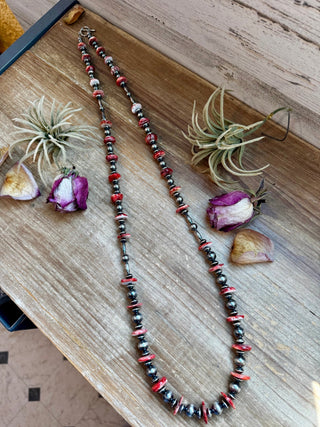 NFR Collection Necklace – Sterling Silver Torpedo Pearls with Red Spiny Oyster – Handmade by The Bijoux FAB – 39" - Cowboy SwaggerNFR Collection Necklace – Sterling Silver Torpedo Pearls with Red Spiny Oyster – Handmade by The Bijoux FAB – 39"Necklaces