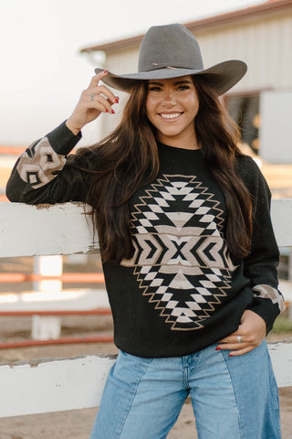 Night Aztec Sweater – Heavy Knit Western Pullover in Black, Tan & Cream - Cowboy SwaggerNight Aztec Sweater – Heavy Knit Western Pullover in Black, Tan & Cream