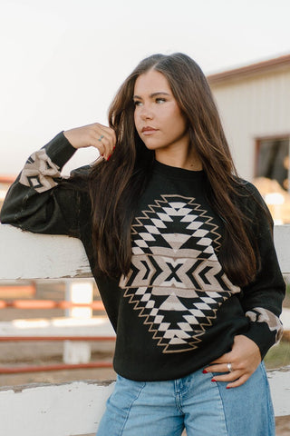 Night Aztec Sweater – Heavy Knit Western Pullover in Black, Tan & Cream - Cowboy SwaggerNight Aztec Sweater – Heavy Knit Western Pullover in Black, Tan & Cream
