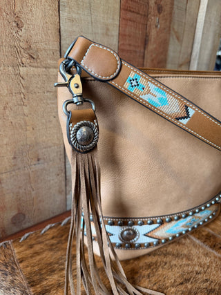 Nocona Carmen Tan Western Concealed Carry Shoulder Bag with Turquoise Aztec Embroidery - Cowboy SwaggerNocona Carmen Tan Western Concealed Carry Shoulder Bag with Turquoise Aztec Embroidery