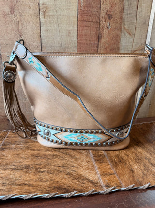Nocona Carmen Tan Western Concealed Carry Shoulder Bag with Turquoise Aztec Embroidery - Cowboy SwaggerNocona Carmen Tan Western Concealed Carry Shoulder Bag with Turquoise Aztec Embroidery