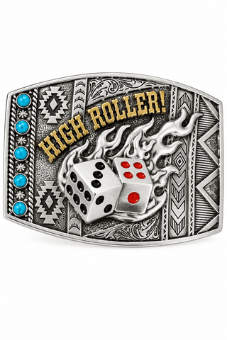 Nocona High Roller Dice Belt Buckle - Engraved Turquoise Rectangle - Cowboy Swagger