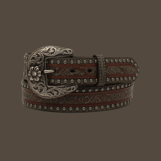 Nocona Ladies Floral Embossed Overlay Antique Brown Belt - Cowboy SwaggerNocona Ladies Floral Embossed Overlay Antique Brown BeltBelts