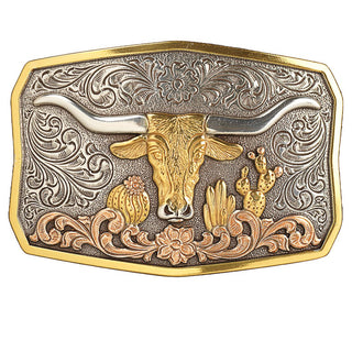 Nocona Longhorn & Cactus Buckle – Antique Gold and Silver Western Design - Cowboy SwaggerNocona Longhorn & Cactus Buckle – Antique Gold and Silver Western Design