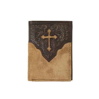 Nocona Men's Bifold Wallet, Tan Leather with Floral Embossing and Cross Design