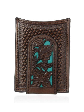 Nocona Men's Magnetic Money Clip Wallet, Blue Floral Inlay with Basket Weave and Concho