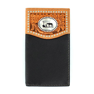 Nocona Men’s Rodeo Wallet – Black & Tan Leather with Cowboy Prayer Concho (Style N5431401) - Cowboy SwaggerNocona Men’s Rodeo Wallet – Black & Tan Leather with Cowboy Prayer Concho (Style N5431401)Wallets & Money Clips