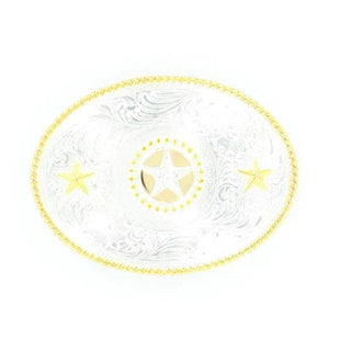 Nocona Men’s Star Oval Western Belt Buckle – Shiny Silver & Gold with Rope Edge (Style 3757044) - Cowboy SwaggerNocona Men’s Star Oval Western Belt Buckle – Shiny Silver & Gold with Rope Edge (Style 3757044)