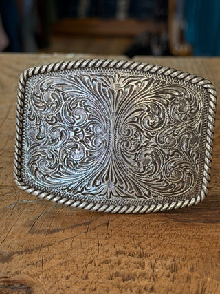 Nocona Rectangle Western Belt Buckle – Floral Engraved Silver with Rope Edge - Cowboy SwaggerNocona Rectangle Western Belt Buckle – Floral Engraved Silver with Rope Edge