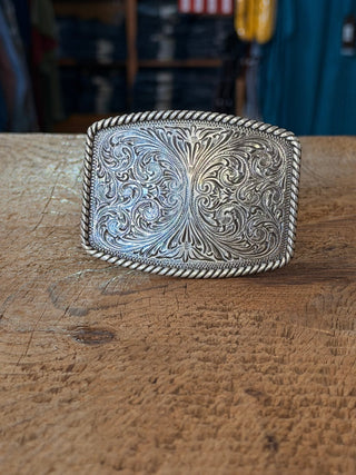 Nocona Rectangle Western Belt Buckle – Floral Engraved Silver with Rope Edge - Cowboy SwaggerNocona Rectangle Western Belt Buckle – Floral Engraved Silver with Rope Edge