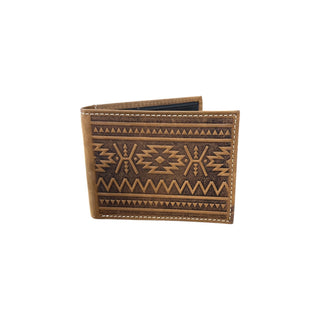 Nocona Southwest Aztec Embossed Leather Bifold Wallet, Brown, front view