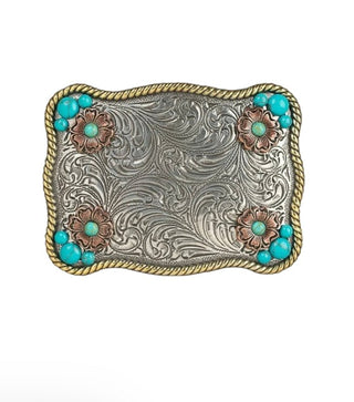 Nocona Turquoise & Copper Flower Western Belt Buckle – Antique Silver & Gold Roped Edge (Style 37929) - Cowboy SwaggerNocona Turquoise & Copper Flower Western Belt Buckle – Antique Silver & Gold Roped Edge (Style 37929)