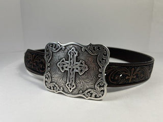 Nocona Women’s Brown Cross Embossed Leather Belt – Removable Silver Buckle – N3483802 - Cowboy SwaggerNocona Women’s Brown Cross Embossed Leather Belt – Removable Silver Buckle – N3483802