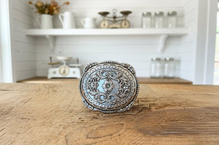 Oval Dot Edge Flower & Crystal Belt Buckle – Silver Western Buckle - Cowboy SwaggerOval Dot Edge Flower & Crystal Belt Buckle – Silver Western Buckle