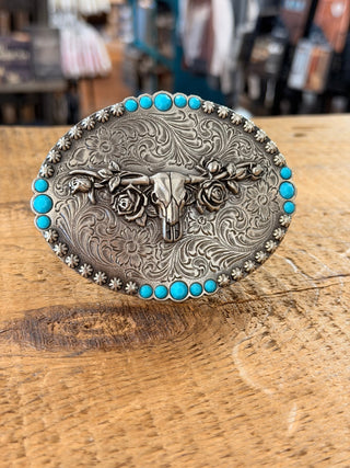 Oval Turquoise Bull Skull & Rose Belt Buckle – Silver Western Buckle - Cowboy SwaggerOval Turquoise Bull Skull & Rose Belt Buckle – Silver Western Buckle