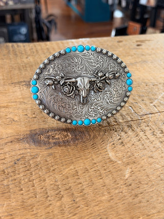 Oval Turquoise Bull Skull & Rose Belt Buckle – Silver Western Buckle - Cowboy SwaggerOval Turquoise Bull Skull & Rose Belt Buckle – Silver Western Buckle