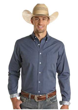 Panhandle Mens Rough Stock Navy and Light Blue Textured Print Ls - Cowboy SwaggerPanhandle Mens Rough Stock Navy and Light Blue Textured Print Ls