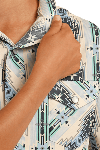 Panhandle Shirts & Tops Panhandle Select Boys Short Sleeve Aztec Snap Shirt Baby Blue