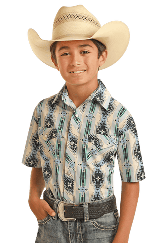 Panhandle Shirts & Tops Panhandle Select Boys Short Sleeve Aztec Snap Shirt Baby Blue