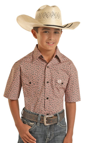 Panhandle Select Boy’s Short Sleeve 2 Pocket Geo Print Snap Western Shirt - Cowboy SwaggerPanhandle Select Boy’s Short Sleeve 2 Pocket Geo Print Snap Western ShirtBoys