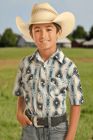 Panhandle Select Boys Short Sleeve Aztec Snap Shirt Baby Blue - Cowboy SwaggerPanhandle Select Boys Short Sleeve Aztec Snap Shirt Baby BlueShirts & Tops