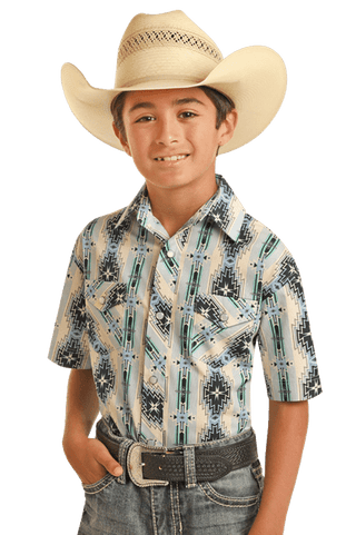 Panhandle Select Boys Short Sleeve Aztec Snap Shirt Baby Blue - Cowboy SwaggerPanhandle Select Boys Short Sleeve Aztec Snap Shirt Baby BlueShirts & Tops