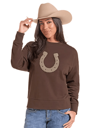 Panhandle Slim Women's Horseshoe Appliqué Crewneck Sweatshirt – Brown - Cowboy SwaggerPanhandle Slim Women's Horseshoe Appliqué Crewneck Sweatshirt – BrownWomen's Tops