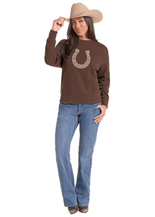Panhandle Slim Women's Horseshoe Appliqué Crewneck Sweatshirt – Brown - Cowboy SwaggerPanhandle Slim Women's Horseshoe Appliqué Crewneck Sweatshirt – BrownWomen's Tops