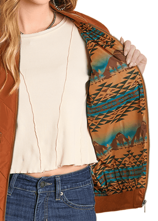 Panhandle Slim Women’s Quilted Bomber Jacket – Rust Orange Western Zip Front Jacket - Cowboy SwaggerPanhandle Slim Women’s Quilted Bomber Jacket – Rust Orange Western Zip Front Jacket