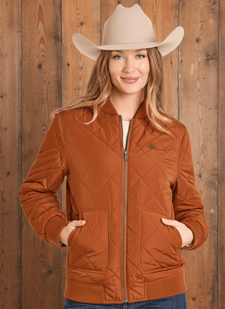 Panhandle Slim Women’s Quilted Bomber Jacket – Rust Orange Western Zip Front Jacket - Cowboy SwaggerPanhandle Slim Women’s Quilted Bomber Jacket – Rust Orange Western Zip Front Jacket