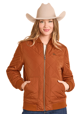 Panhandle Slim Women’s Quilted Bomber Jacket – Rust Orange Western Zip Front Jacket - Cowboy SwaggerPanhandle Slim Women’s Quilted Bomber Jacket – Rust Orange Western Zip Front Jacket