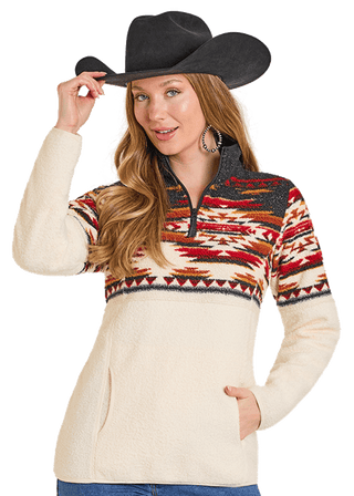 Panhandle Women’s Aztec Border Berber Pullover – Black & Cream - Cowboy SwaggerPanhandle Women’s Aztec Border Berber Pullover – Black & Cream