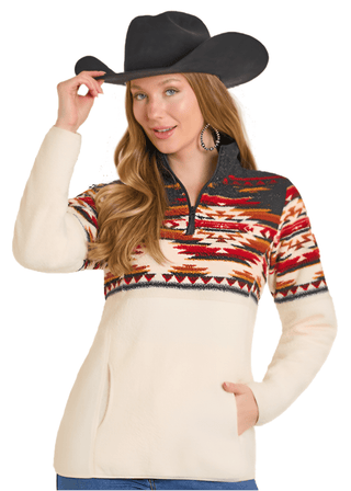 Panhandle Women’s Aztec Border Berber Pullover – Black & Cream - Cowboy SwaggerPanhandle Women’s Aztec Border Berber Pullover – Black & Cream