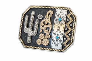 cactus turquoise western belt buckle black background rose gold silver