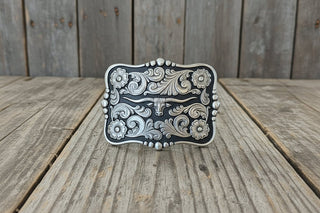 Rectangle Longhorn Floral Belt Buckle with Dot Edge – Silver & Black Western Buckle - Cowboy SwaggerRectangle Longhorn Floral Belt Buckle with Dot Edge – Silver & Black Western Buckle