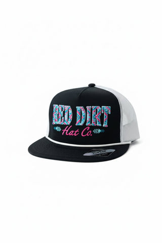 Red Dirt Hat Co Pink & Blue Aztec Logo Embroidered Trucker Cap – Black & White Mesh Snapback - Cowboy SwaggerRed Dirt Hat Co Pink & Blue Aztec Logo Embroidered Trucker Cap – Black & White Mesh Snapback