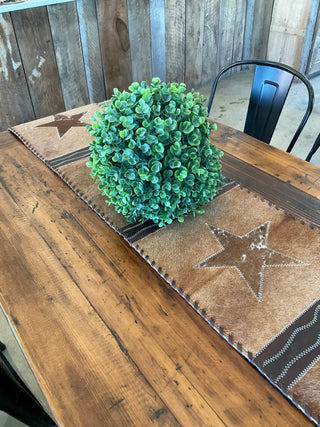 Red Roan Cowhide Table Runner with Star Stitching & Fringe – 8ft - Cowboy SwaggerRed Roan Cowhide Table Runner with Star Stitching & Fringe – 8ft