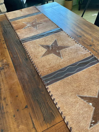 Red Roan Cowhide Table Runner with Star Stitching & Fringe – 8ft - Cowboy SwaggerRed Roan Cowhide Table Runner with Star Stitching & Fringe – 8ft