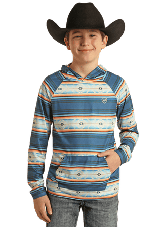 Rock and Roll Boys Blue Printed Performance Hoodie - Cowboy SwaggerRock and Roll Boys Blue Printed Performance HoodieBoys