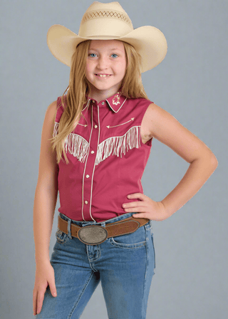 Rock and Roll Girls Embroidered Retro Sleeveless Snap Shirt Wine - Cowboy SwaggerRock and Roll Girls Embroidered Retro Sleeveless Snap Shirt WineGirls