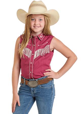 Rock and Roll Girls Embroidered Retro Sleeveless Snap Shirt Wine - Cowboy SwaggerRock and Roll Girls Embroidered Retro Sleeveless Snap Shirt WineGirls