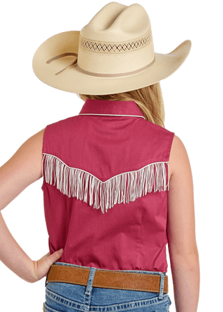 Rock and Roll Girls Embroidered Retro Sleeveless Snap Shirt Wine - Cowboy SwaggerRock and Roll Girls Embroidered Retro Sleeveless Snap Shirt WineGirls