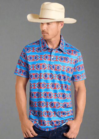 Rock and Roll Men’s Aztec Printed Polo Red and Blue - Cowboy SwaggerRock and Roll Men’s Aztec Printed Polo Red and Blue