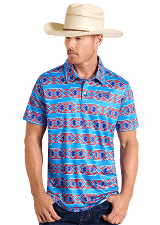 Rock and Roll Men’s Aztec Printed Polo Red and Blue - Cowboy SwaggerRock and Roll Men’s Aztec Printed Polo Red and Blue