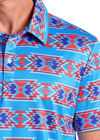 Rock and Roll Men’s Aztec Printed Polo Red and Blue - Cowboy SwaggerRock and Roll Men’s Aztec Printed Polo Red and Blue